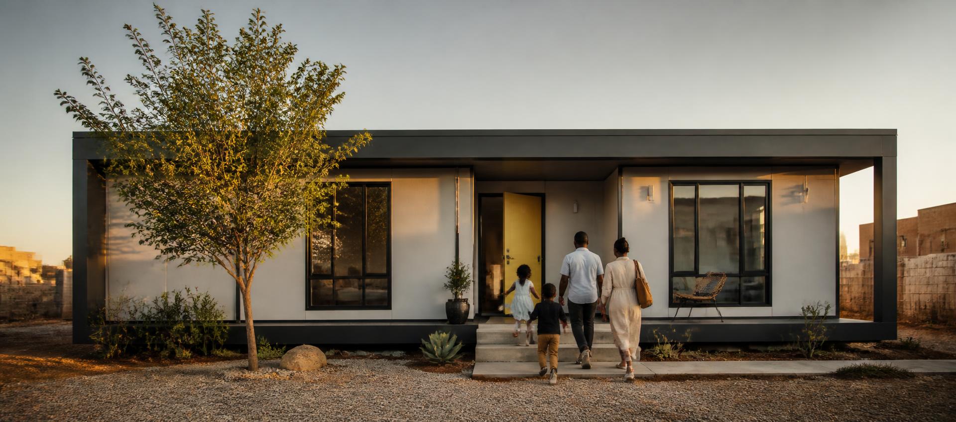 A family arriving at a modern HOY prefabricated home at golden hour